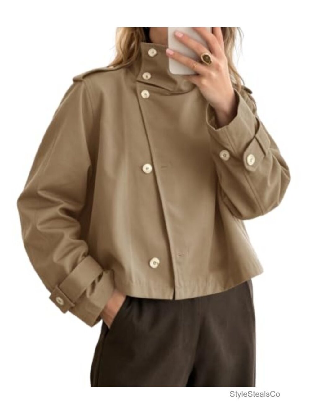 Women Cropped Trench Coat High Neck Windbreaker Jacket Outwear